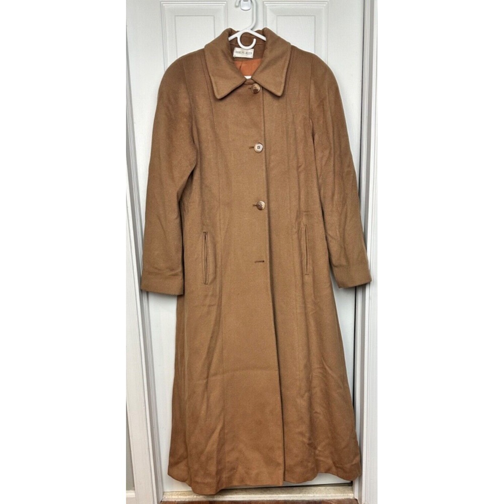 VTG CHARLES KLEIN Forstmann Wool Pockets W Flap Button Up Camel Womens Long Coat